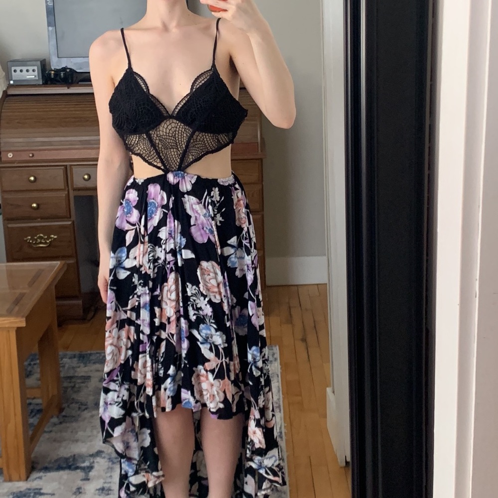Floral High-Low Maxi Dress with Crochet Detail
